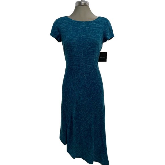 Ellen Tracy NWT Peacock Blue Sweater Dress Fit & Flare Asymmetrical Hem size 4 - Picture 1 of 6
